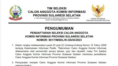 Pendaftaran Seleksi Calon Anggota Komisi Informasi Sulawesi Selatan Dibuka, Berikut Persyaratan dan Jadwalnya